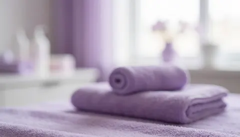 Soft purple and white spa towels arranged on a clean background with gentle lighting, ideal for massage and treatment text overlays