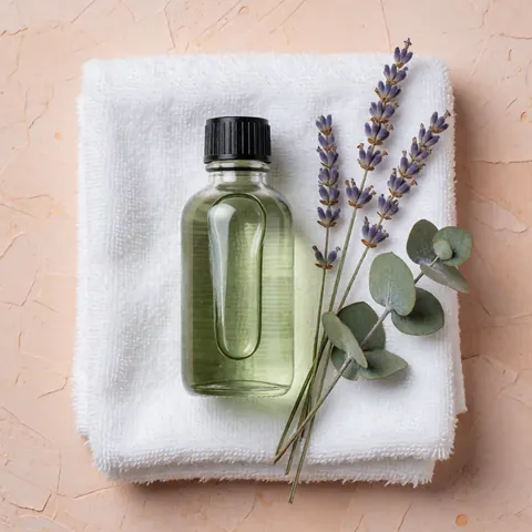 Bottle of lavender and eucalyptus massage oil placed on a white towel against a terracotta background, ideal for spa and wellness product displays