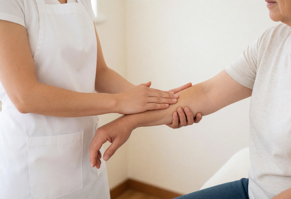Therapist in white apron performs gentle massage on client's arm with delicate hands in a calm professional setting