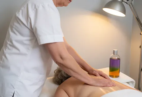A therapist uses lavender and eucalyptus oils to perform a Swedish massage on a client in a relaxing, warmly lit spa setting.