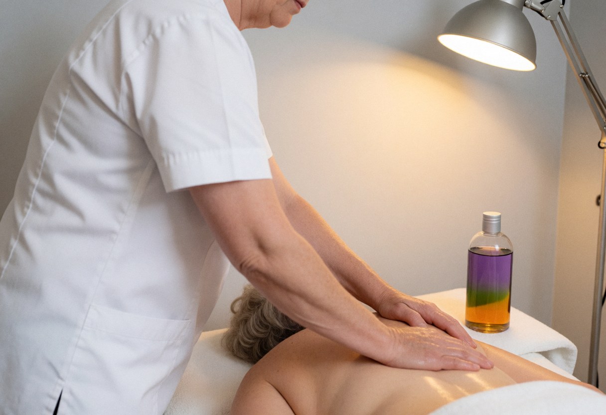 A therapist uses lavender and eucalyptus oils to perform a Swedish massage on a client in a relaxing, warmly lit spa setting.