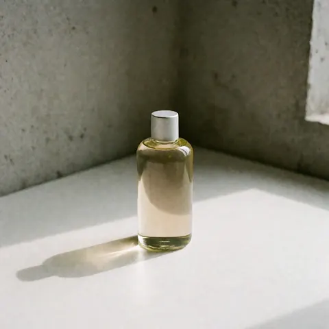 Glass bottle of massage oil with lavender, mint, and almond on a white surface against concrete walls in natural light