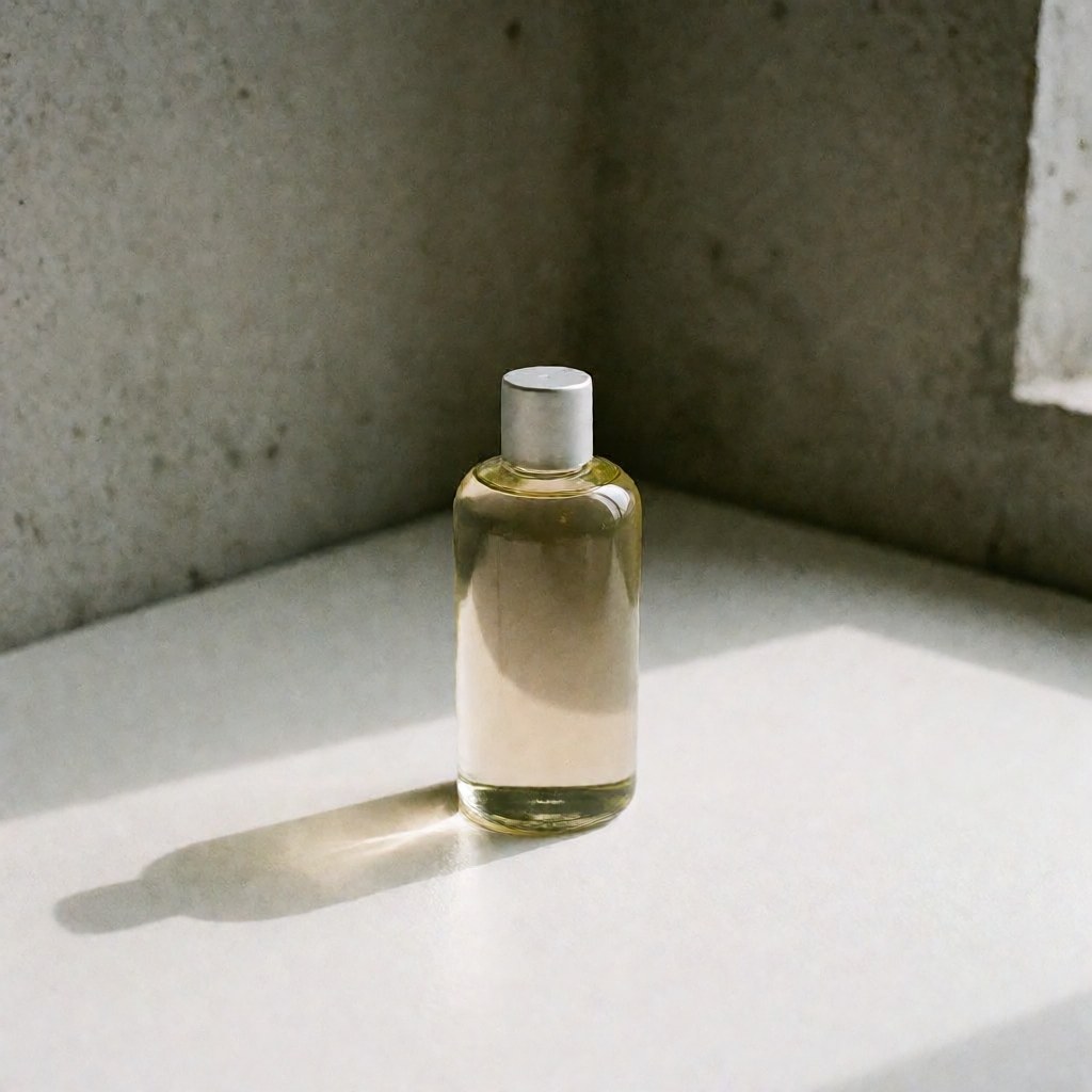 Glass bottle of massage oil with lavender, mint, and almond on a white surface against concrete walls in natural light