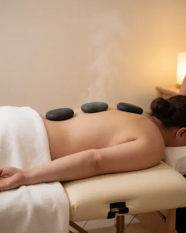 Close-up view of smooth hot stones arranged on a person's back during a relaxing spa treatment session