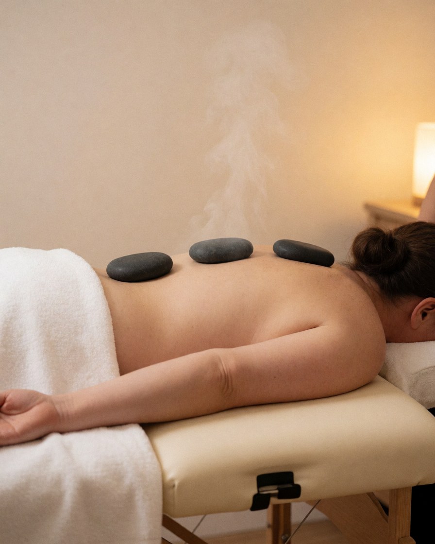 Close-up view of smooth hot stones arranged on a person's back during a relaxing spa treatment session