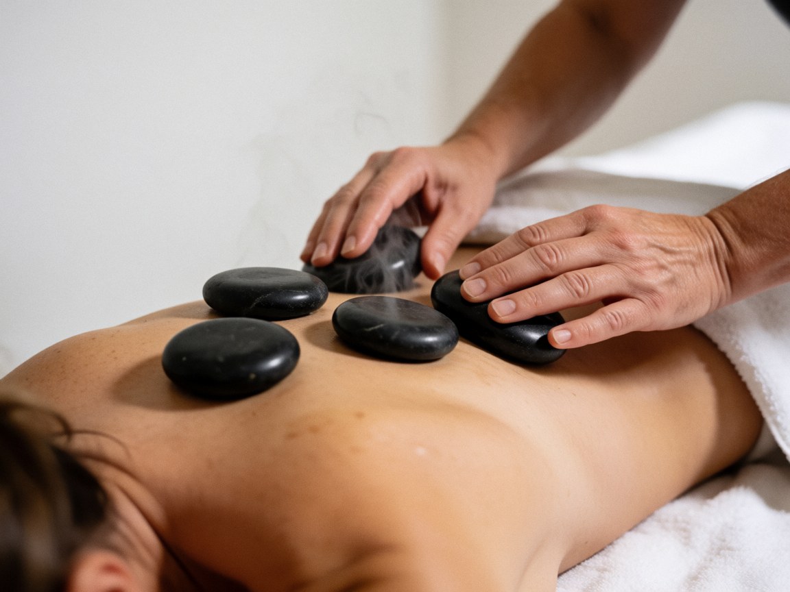 A detailed view of smooth, heated stones arranged for a relaxing swedish massage treatment session