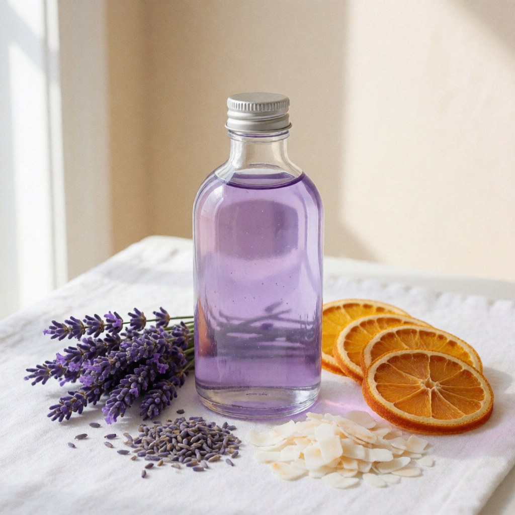 Glass bottle of massage oil featuring lavender, orange, and coconut ingredients placed on a white fabric background with natural lighting
