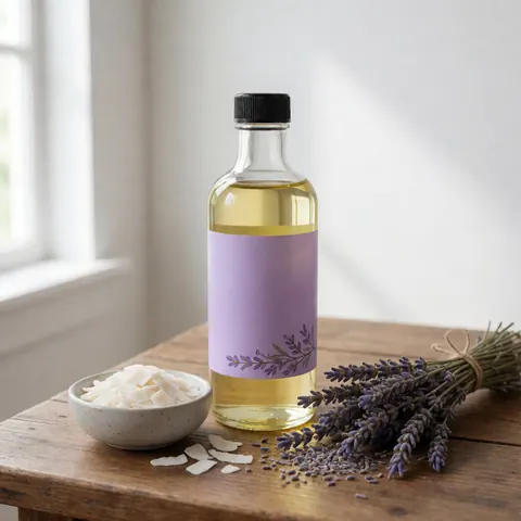 Glass bottle of lavender and coconut massage oil placed on a wooden table surrounded by lavender flowers and shredded coconut.