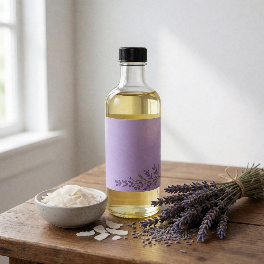 Glass bottle of lavender and coconut massage oil placed on a wooden table surrounded by lavender flowers and shredded coconut.