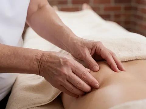 Close-up of a therapist's hands applying jasmine-scented oil during a relaxing Swedish massage treatment on a beige towel