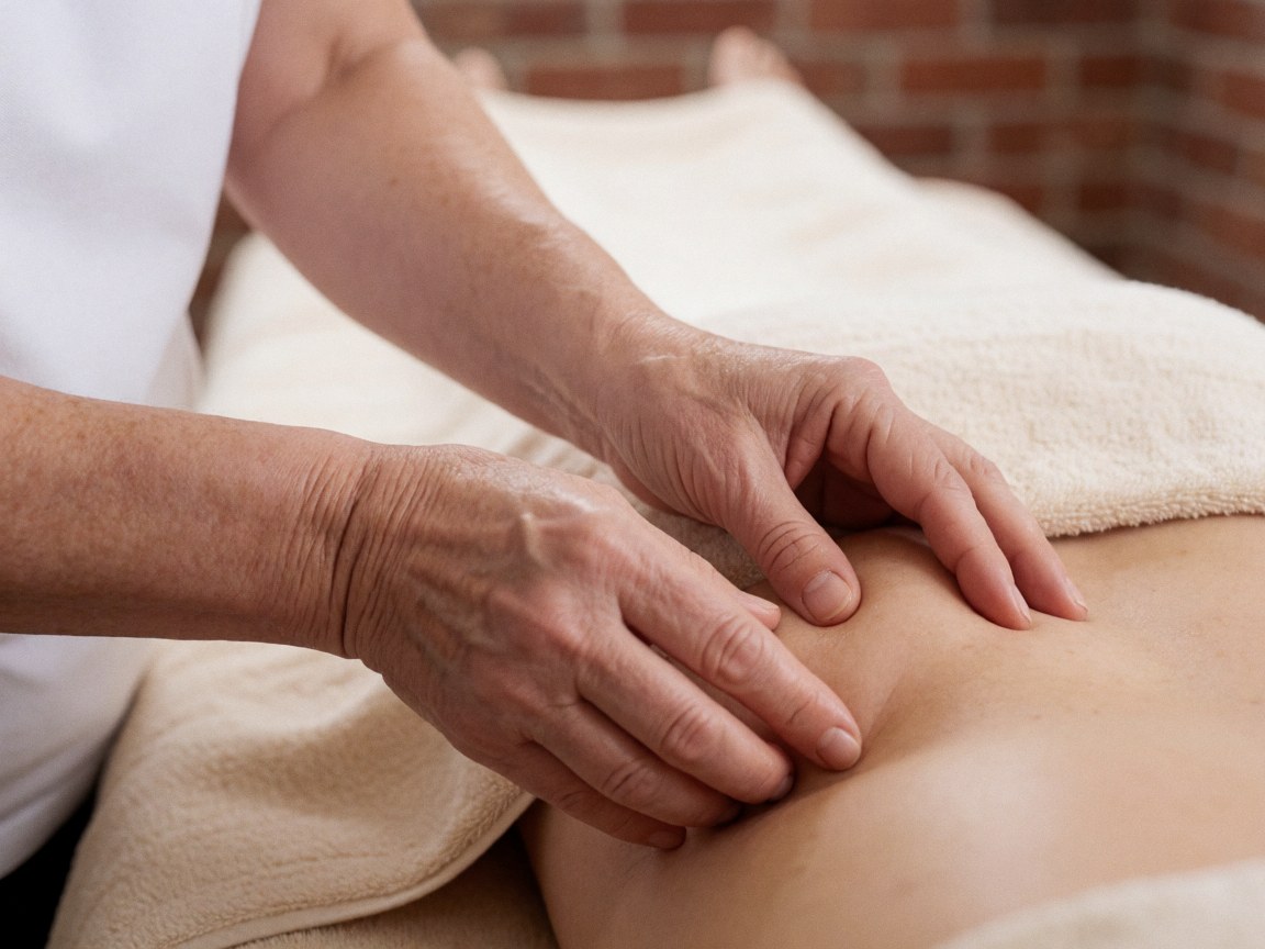 Close-up of a therapist's hands applying jasmine-scented oil during a relaxing Swedish massage treatment on a beige towel