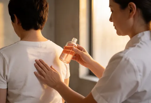 Close up of a therapist's hands applying nourishing rosehip oil to a client's back during a relaxing swedish massage session in a serene spa setting