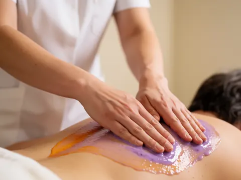 Close-up of therapist hands applying lavender, orange, and coconut scented oil to a client's back against a soft warm background.
