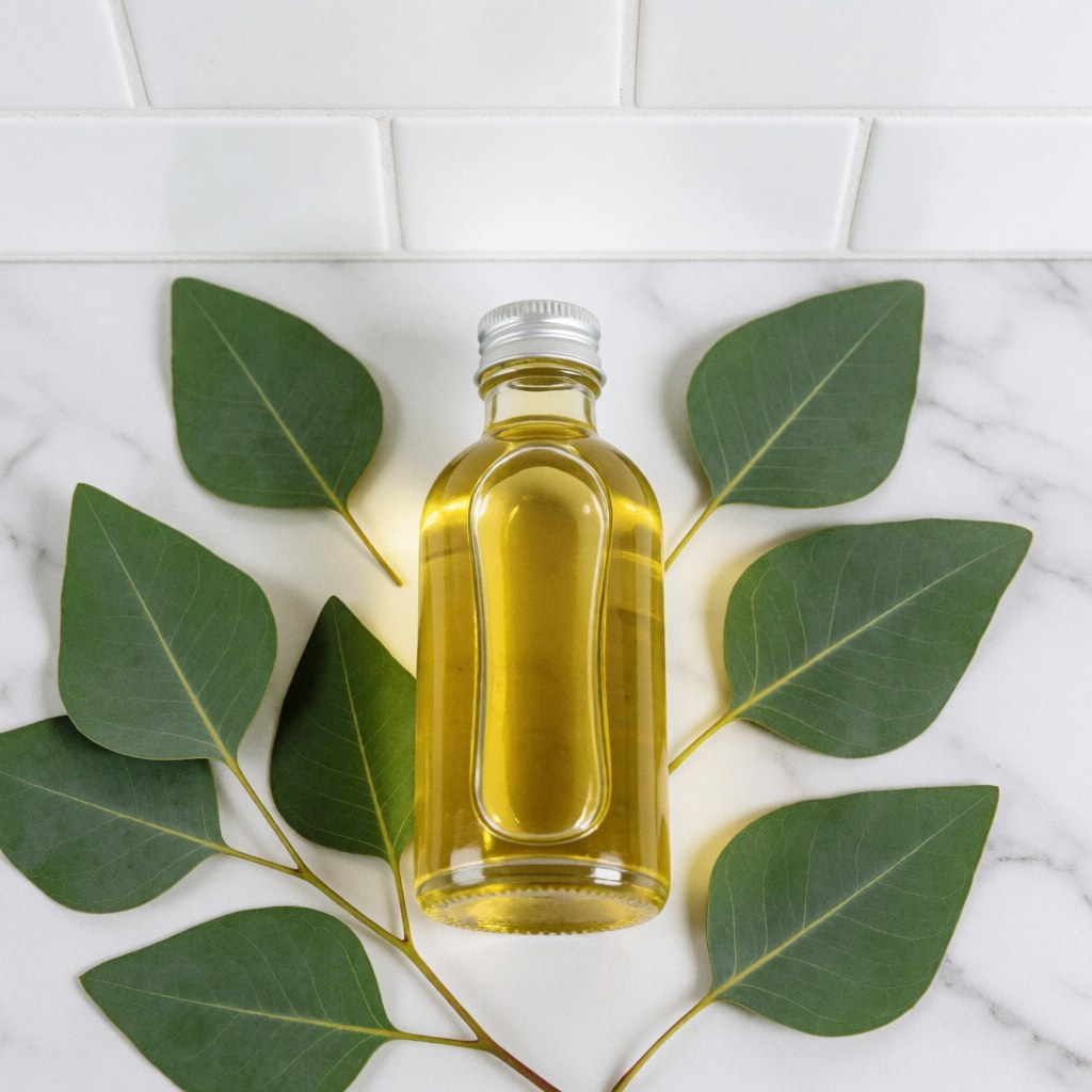 A clear glass bottle filled with eucalyptus oil placed on a white marble surface for massage and spa treatments
