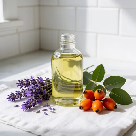 A clear glass bottle containing rosehip and eucalyptus massage oil, presented as a natural spa product for body care and wellness.