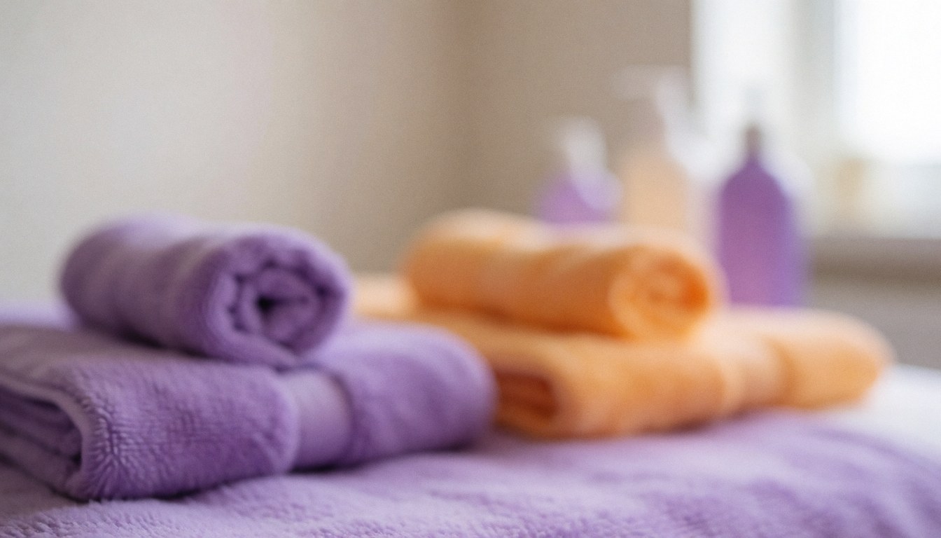 Soft focus background featuring purple and orange spa towels and bottles, ideal for massage and treatment text overlays.