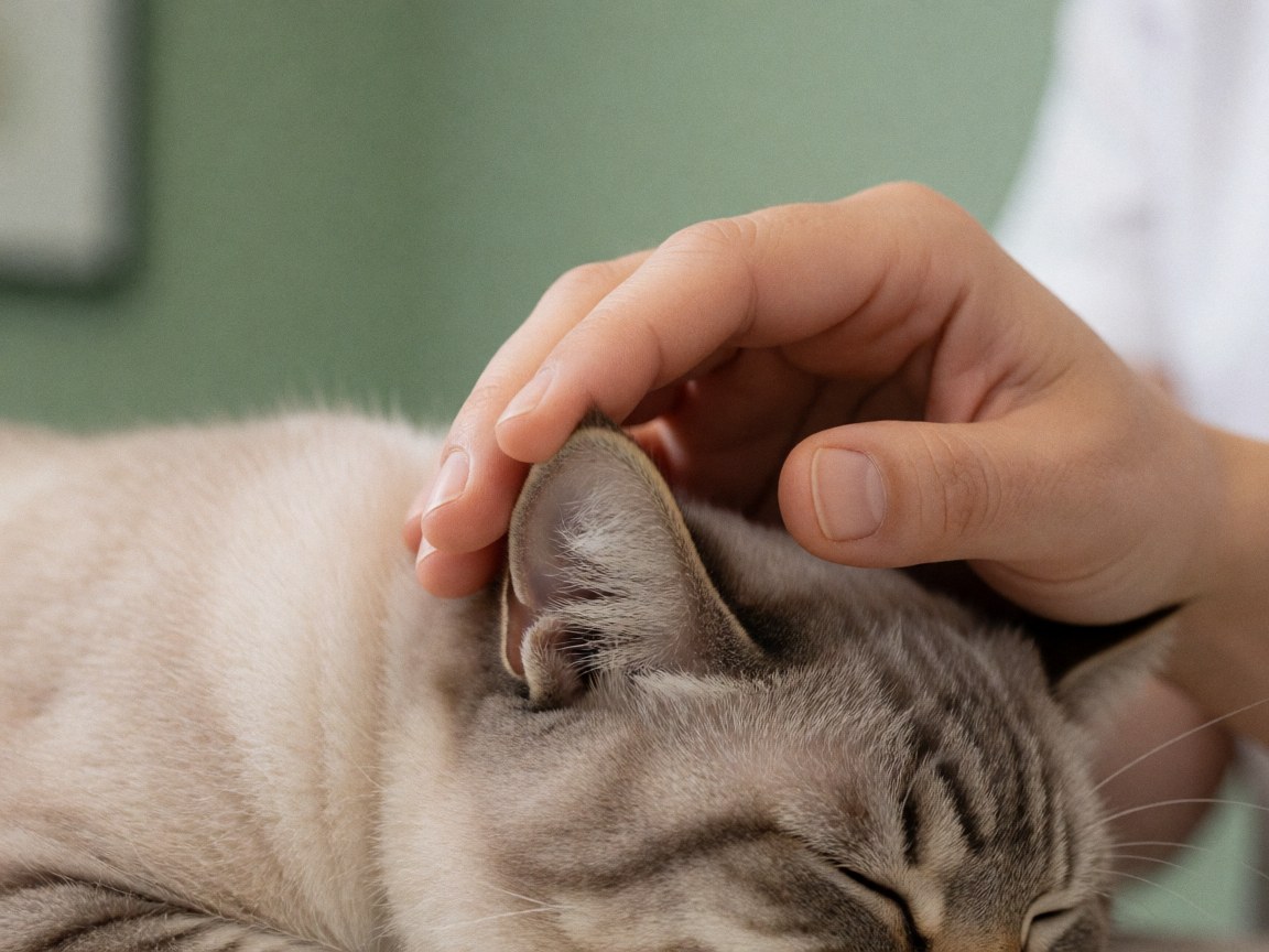 Therapist hand performing reiki on a sleeping cat's ear with soft fur and a green background for a relaxing atmosphere.