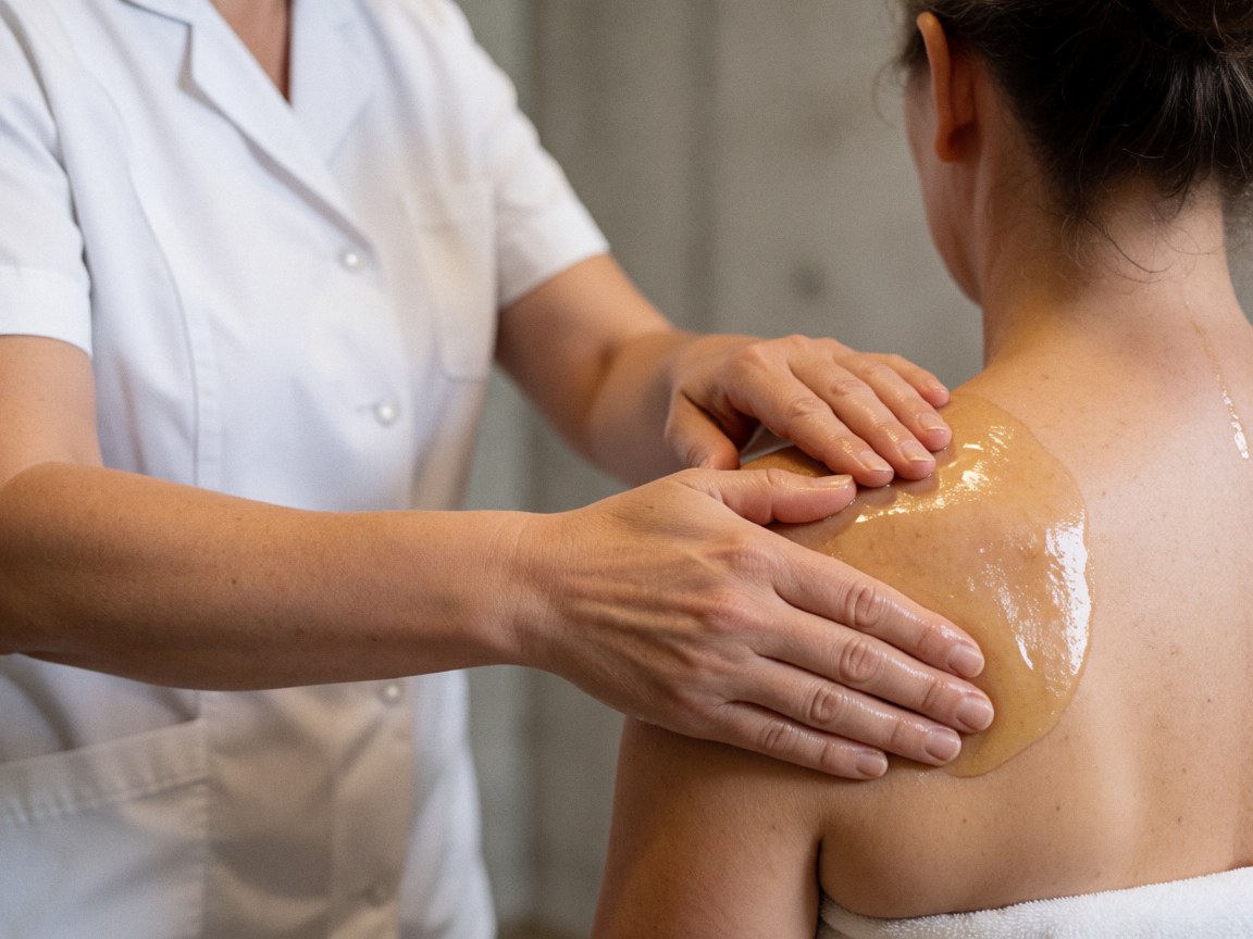 Close-up of a therapist's hands massaging a client's shoulder with oil, wearing a white uniform in a warm, relaxing environment with concrete walls.
