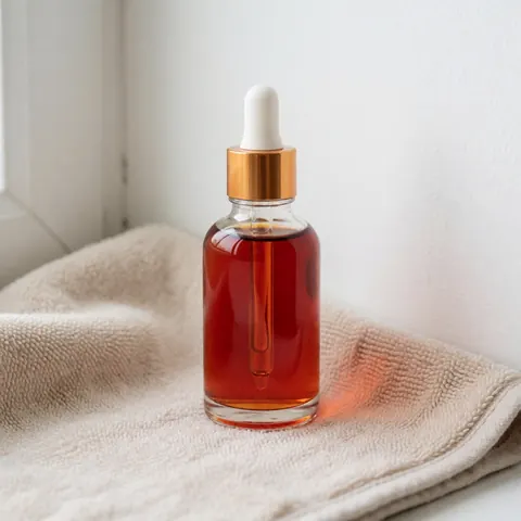 Close-up of an amber glass dropper bottle containing rosehip oil, positioned on a clean surface for skincare product display