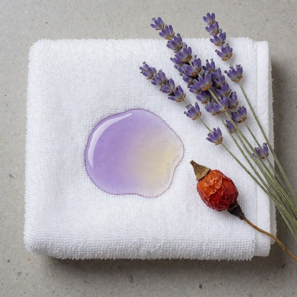 Folded white towel with oil drops and lavender sprigs, ideal for relaxing spa treatments and natural wellness care