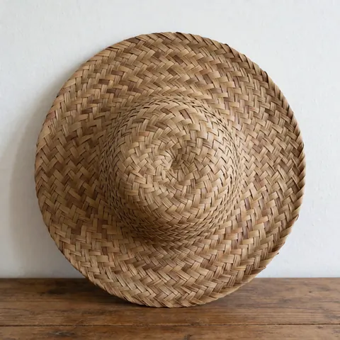 A woven palm hat displayed against a rustic wooden wall, highlighting natural texture and artisanal craftsmanship for product decoration.
