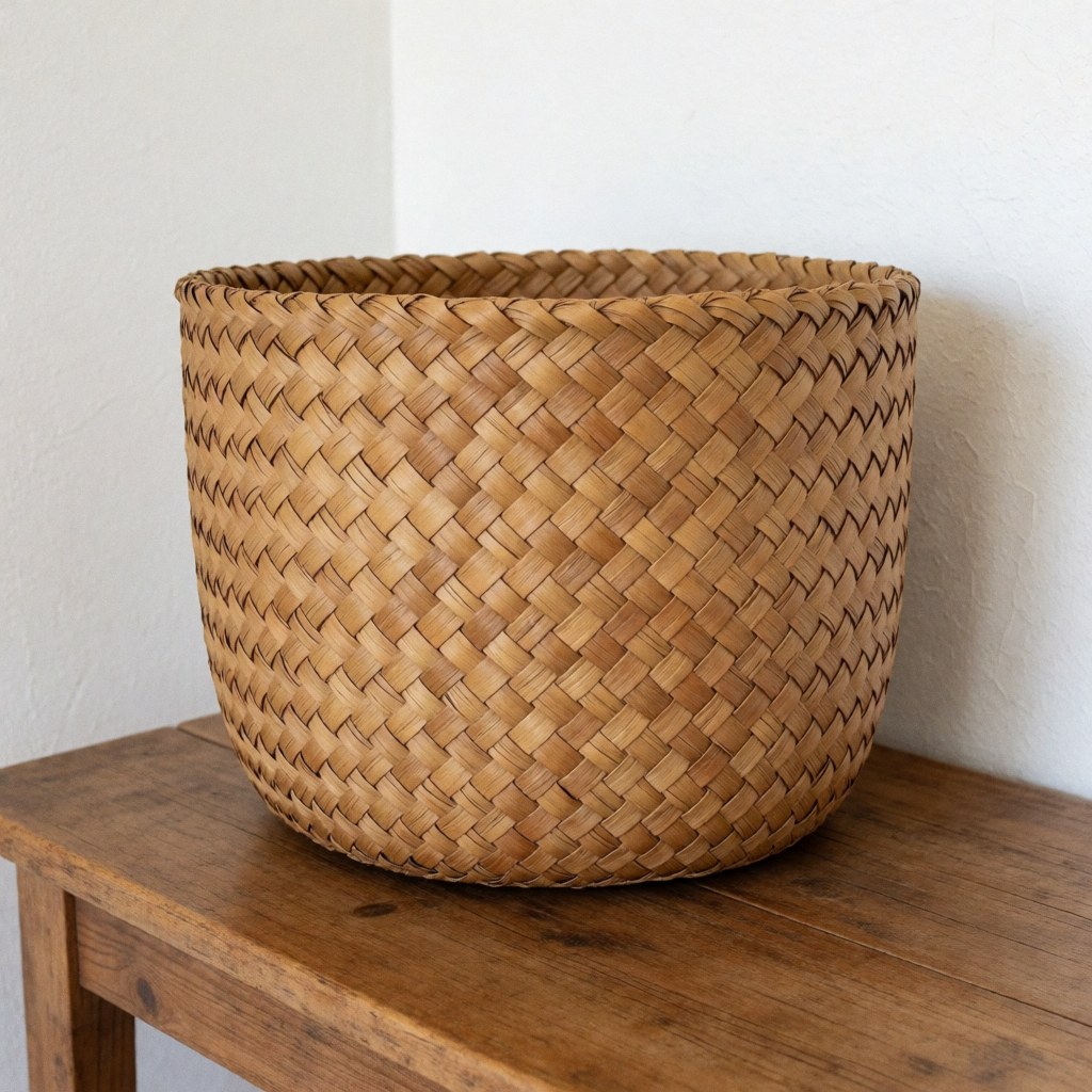 A round woven palm basket placed on a rustic wooden table against a white wall, showcasing natural texture and organic materials for home decor.