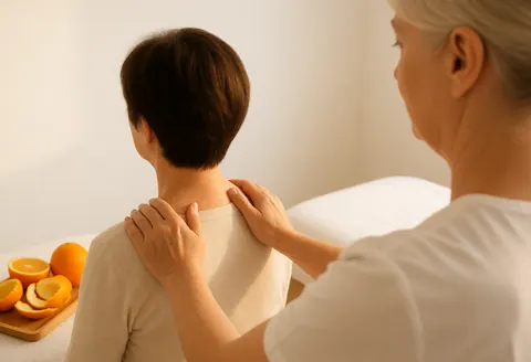 Therapist performing a Swedish massage on a client's shoulders using orange oil in a warm and professional spa setting