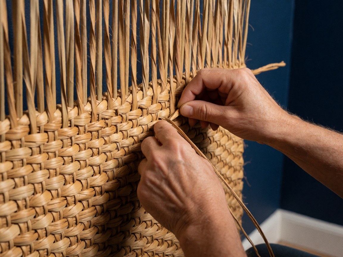 Detailed view of hands weaving dried yuyo palm fibers to create a rustic, eco-friendly natural rug texture