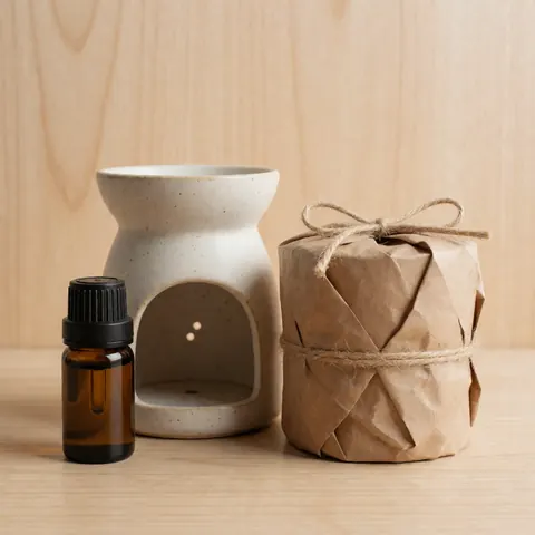 Aromatherapy kit featuring a ceramic diffuser, essential oil bottle, and soy candle wrapped in kraft paper on a light wooden table with natural wood paneling background