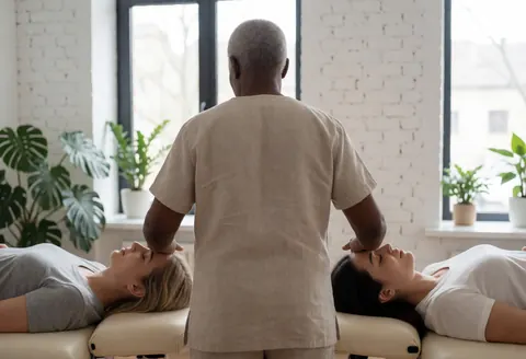 A Reiki therapist conducts an energy healing session on the heads of two clients resting on massage tables in a bright room with white brick walls and plants.