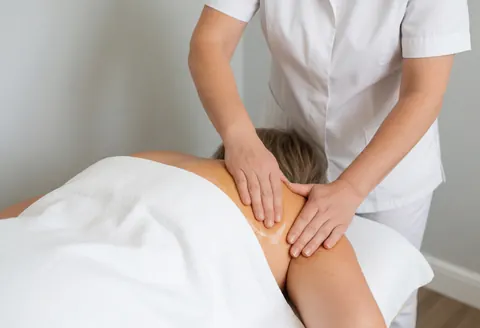 Therapist performing Swedish massage on client's back covered with white towel, hands working precisely, light gray walls, relaxed and professional atmosphere