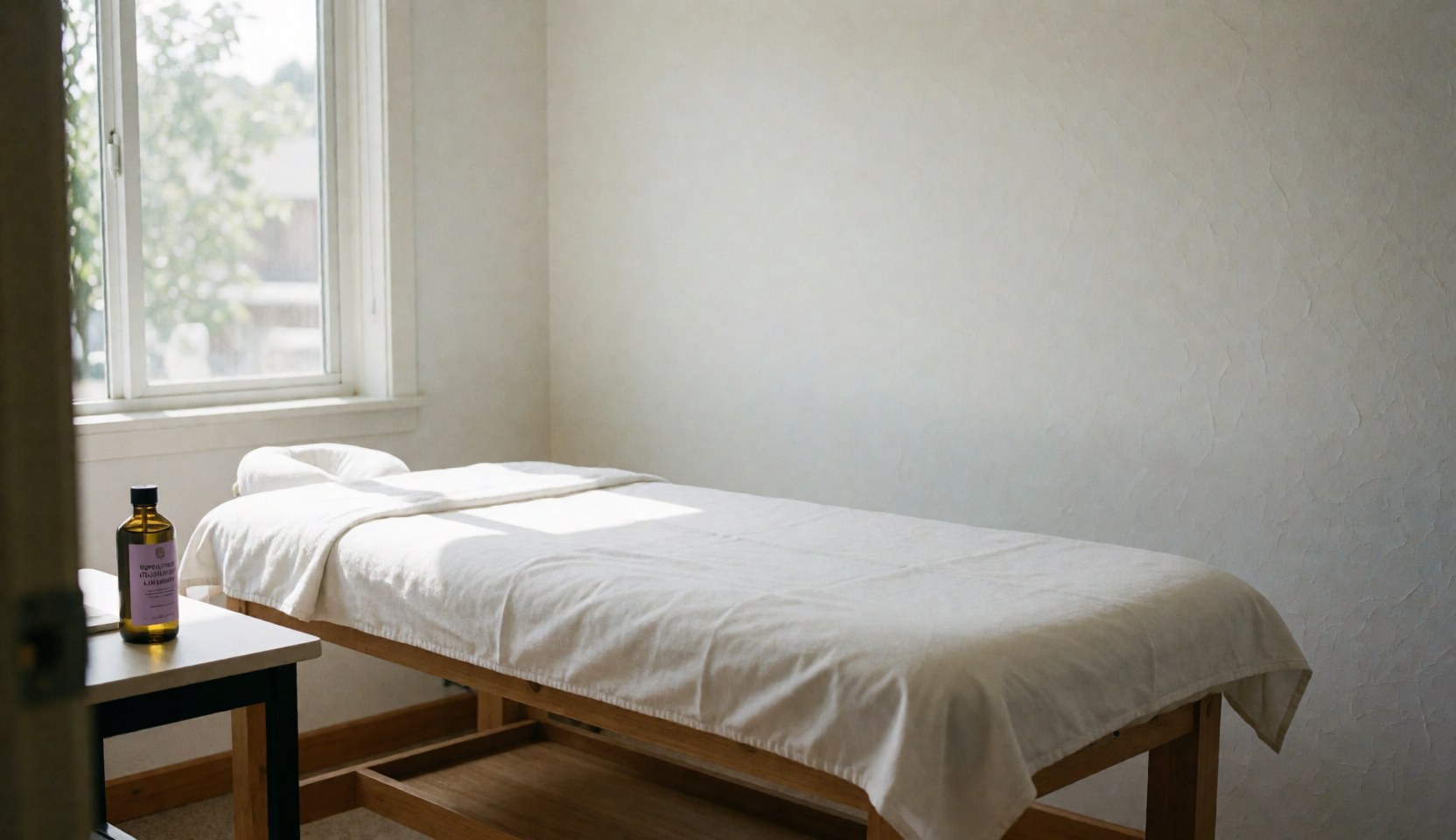 An empty massage room featuring a wooden bed with white sheets, a bottle of oil on a side table, and natural light from a window.