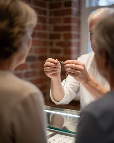 A smiling customer holding a repaired necklace while standing in a jewelry repair shop with a brick wall background.