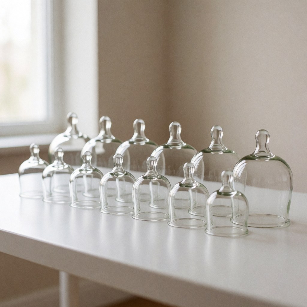 Several glass osteopathic suction cups arranged neatly on a clean white surface, representing professional healthcare and therapy equipment.
