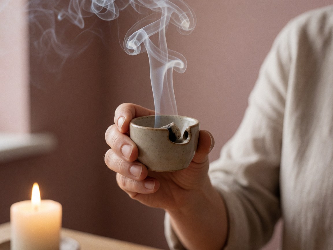 Close-up of a hand holding a ceramic copal incense burner emitting white smoke, with a lit candle and pink wall in the background for aromatherapy.