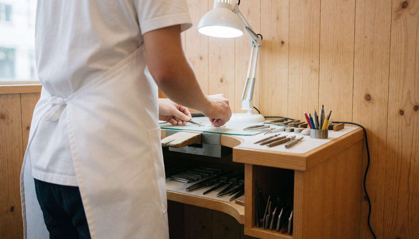A close-up view of a jeweler's workbench with tools and materials ready for jewelry repair work in a professional workshop setting