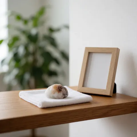 Reiki healing kit with crystals, white cloth, and frame on a wooden shelf with natural light and a plant in the background
