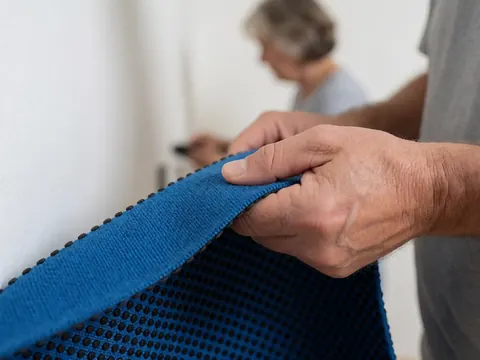 Detailed view of a non-slip mat with a textured pattern of black and white dots, designed for home safety and kitchen use