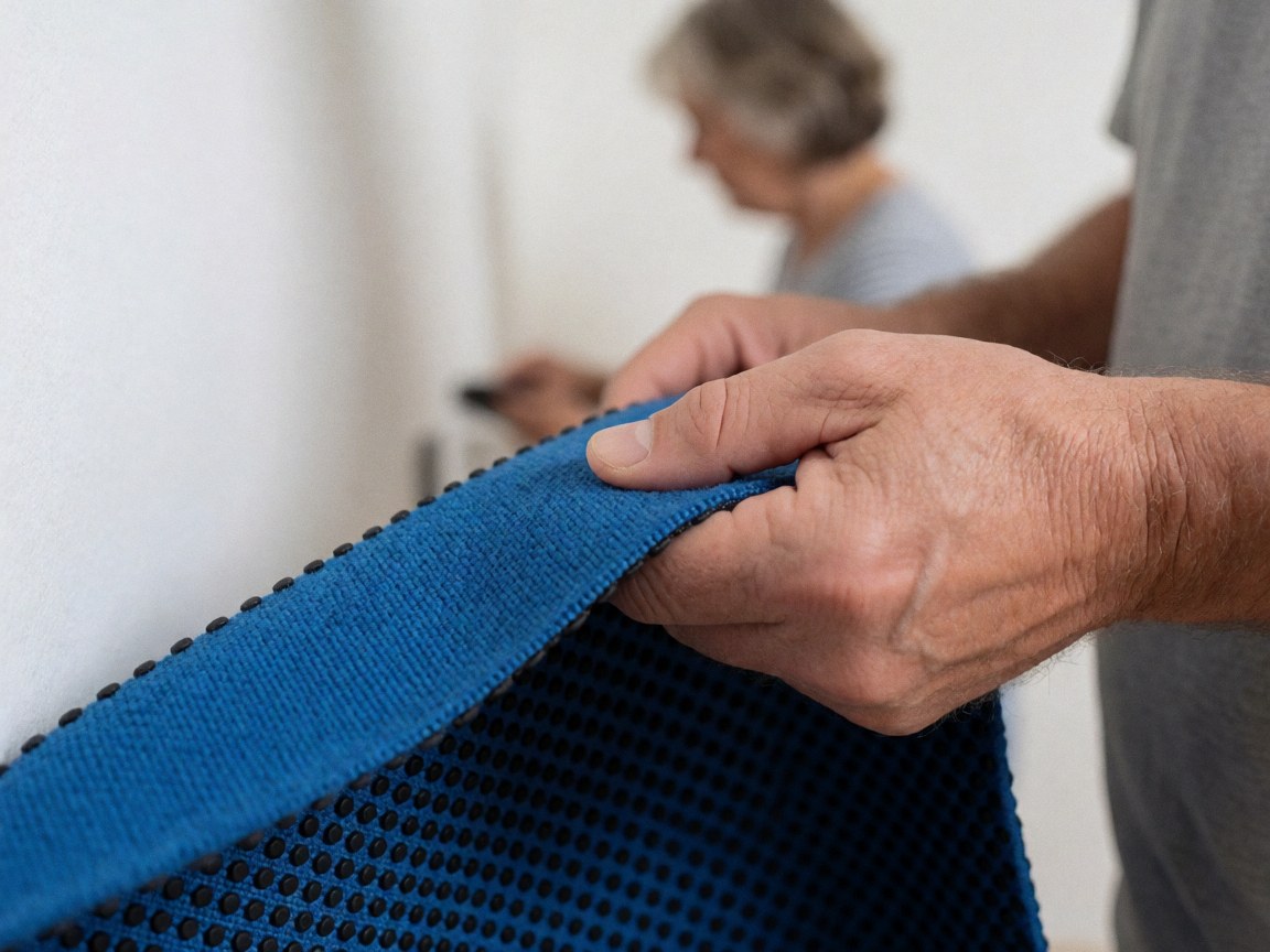 Detailed view of a non-slip mat with a textured pattern of black and white dots, designed for home safety and kitchen use