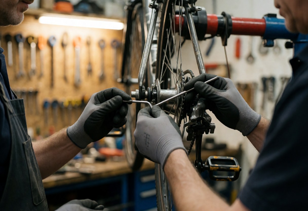 Close-up of gloved hands adjusting a bicycle derailleur cable in a workshop with tools in the background.