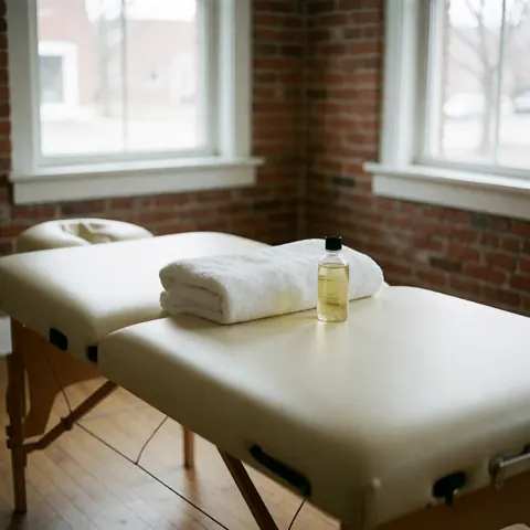 A clean treatment table prepared with a white towel and bottles of massage oil, set against a brick wall near a window for osteopathy therapy.
