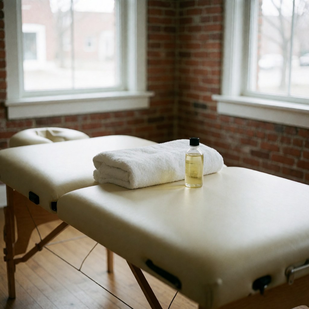 A clean treatment table prepared with a white towel and bottles of massage oil, set against a brick wall near a window for osteopathy therapy.
