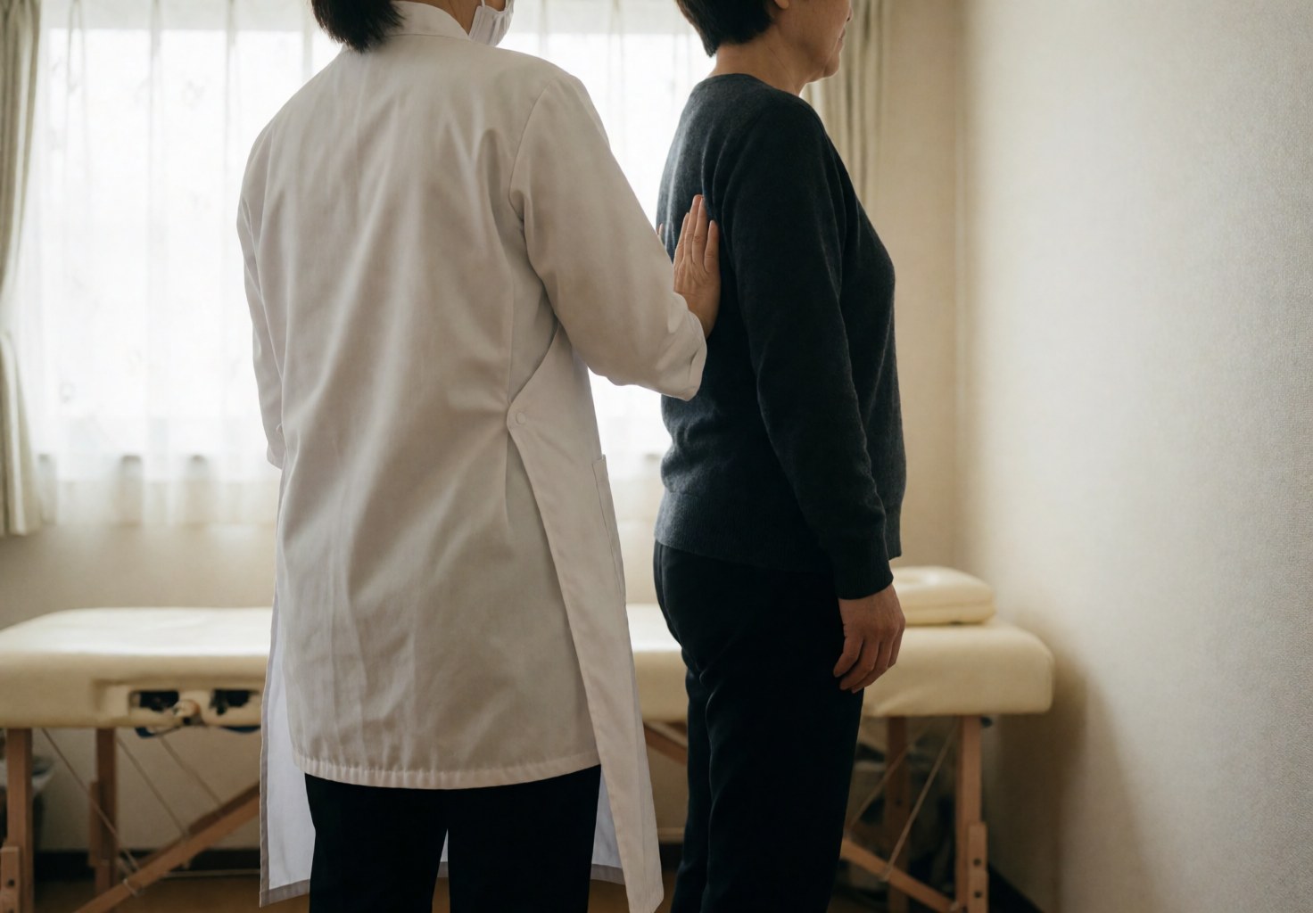 A therapist in a white coat assesses a client's back posture with a hand on the back in a clean treatment room with natural light.