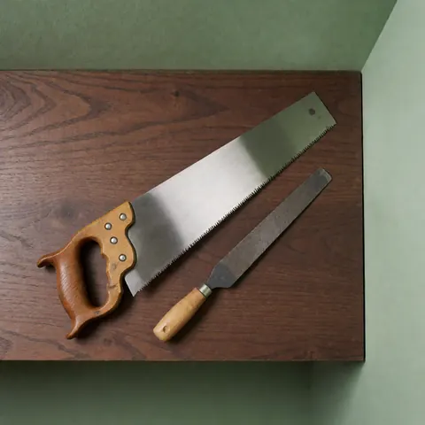 Hand saw and triangular sandpaper resting on a dark wooden table with a green background and professional lighting for tool repair results