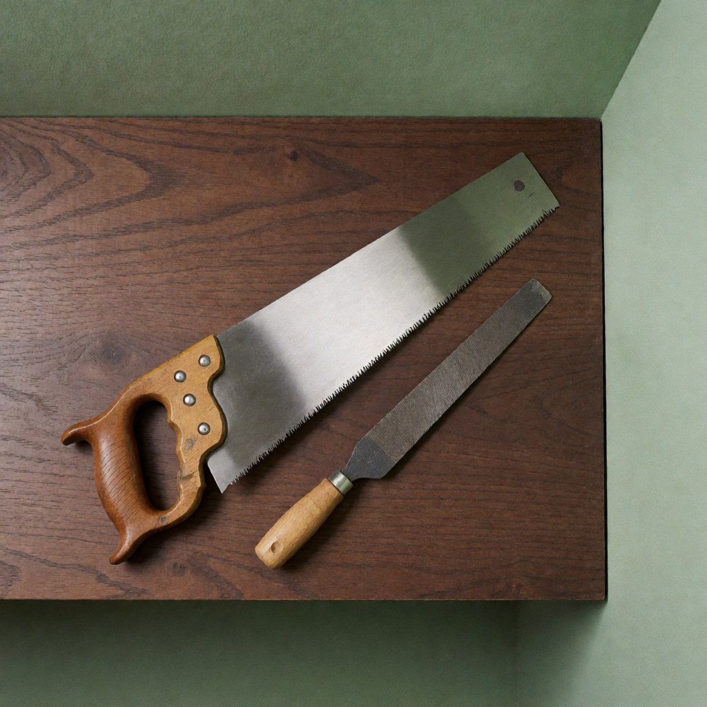 Hand saw and triangular sandpaper resting on a dark wooden table with a green background and professional lighting for tool repair results