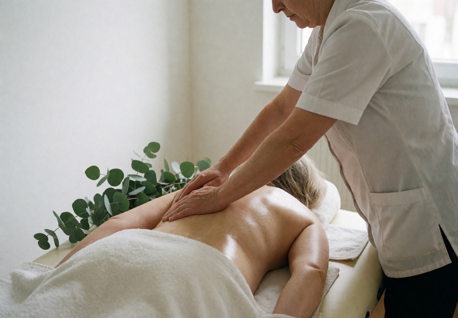 A professional therapist performing a relaxing eucalyptus massage on a client during a spa treatment session
