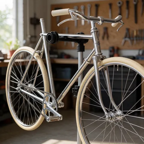 Vintage chrome steel bicycle on a repair stand with cream tires, tools on the wall, natural light, professional workshop.