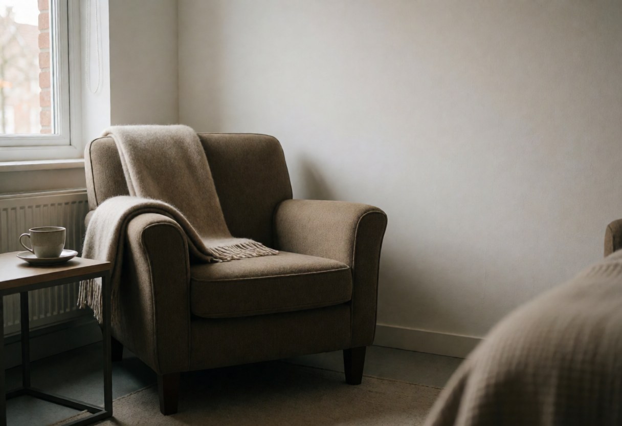 A comfortable rest chair with a blanket and cup near a window, creating a relaxed atmosphere for reflexology.