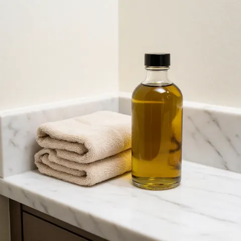 A premium spa treatment product displayed on a marble surface alongside a bottle of oil and folded white towels for relaxation and wellness