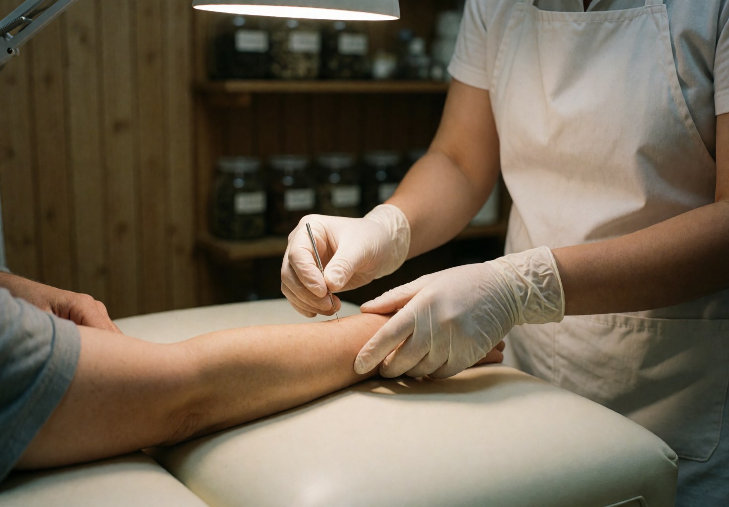 A therapist wearing gloves inserts an acupuncture needle into a client's arm, with herbal jars and a wooden wall in the background.